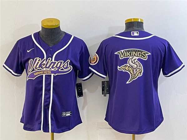 Womens Minnesota Vikings Purple Team Big Logo With Patch Cool Base Stitched Baseball Jersey->women nfl jersey->Women Jersey